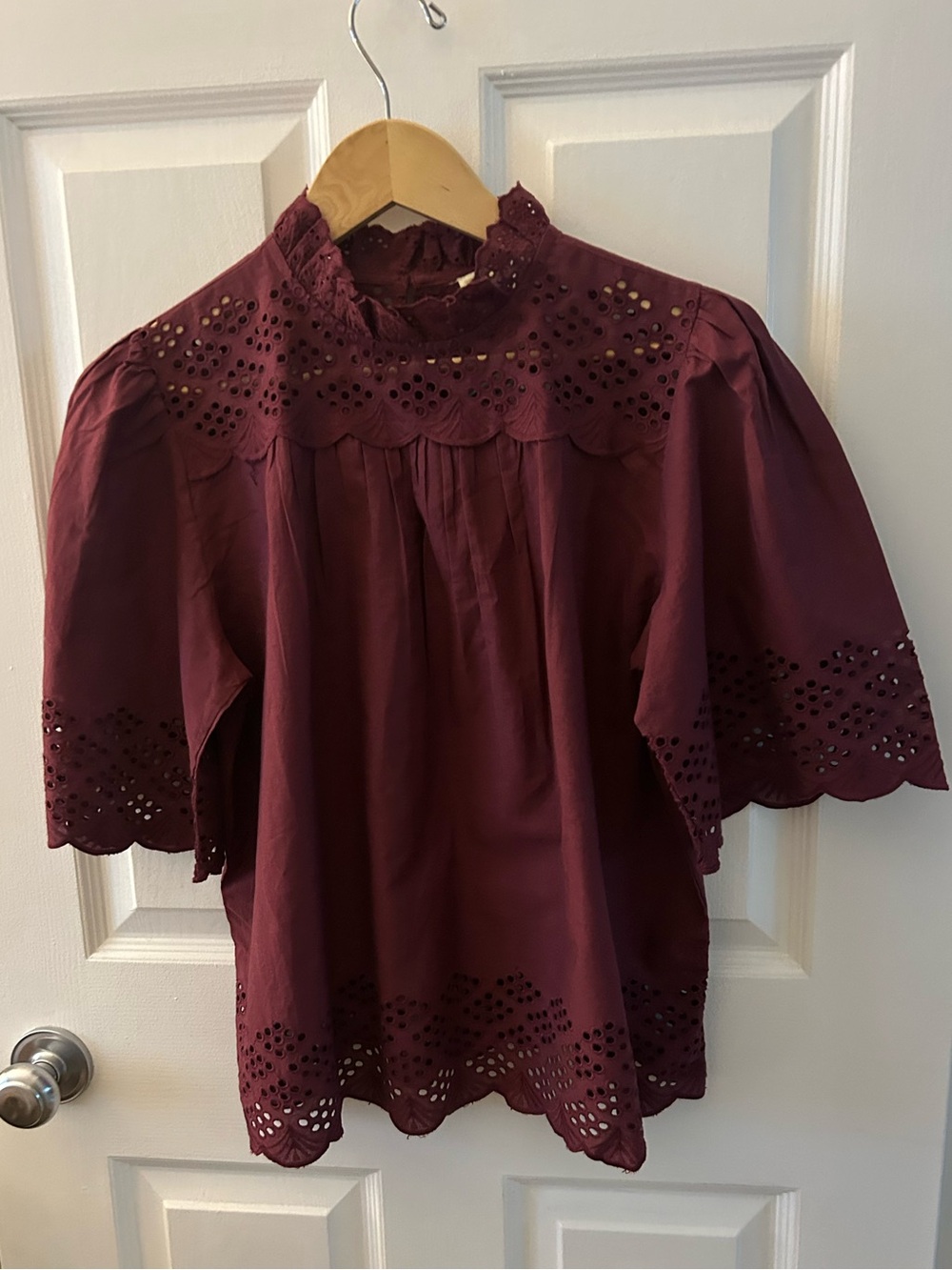 Burgundy High-Neck Eyelet Blouse~NWOT~Medium